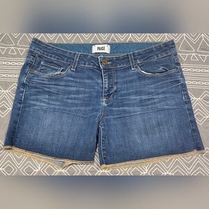 PAIGE Blue Denim Shorts with Subtle Distress and Trim
